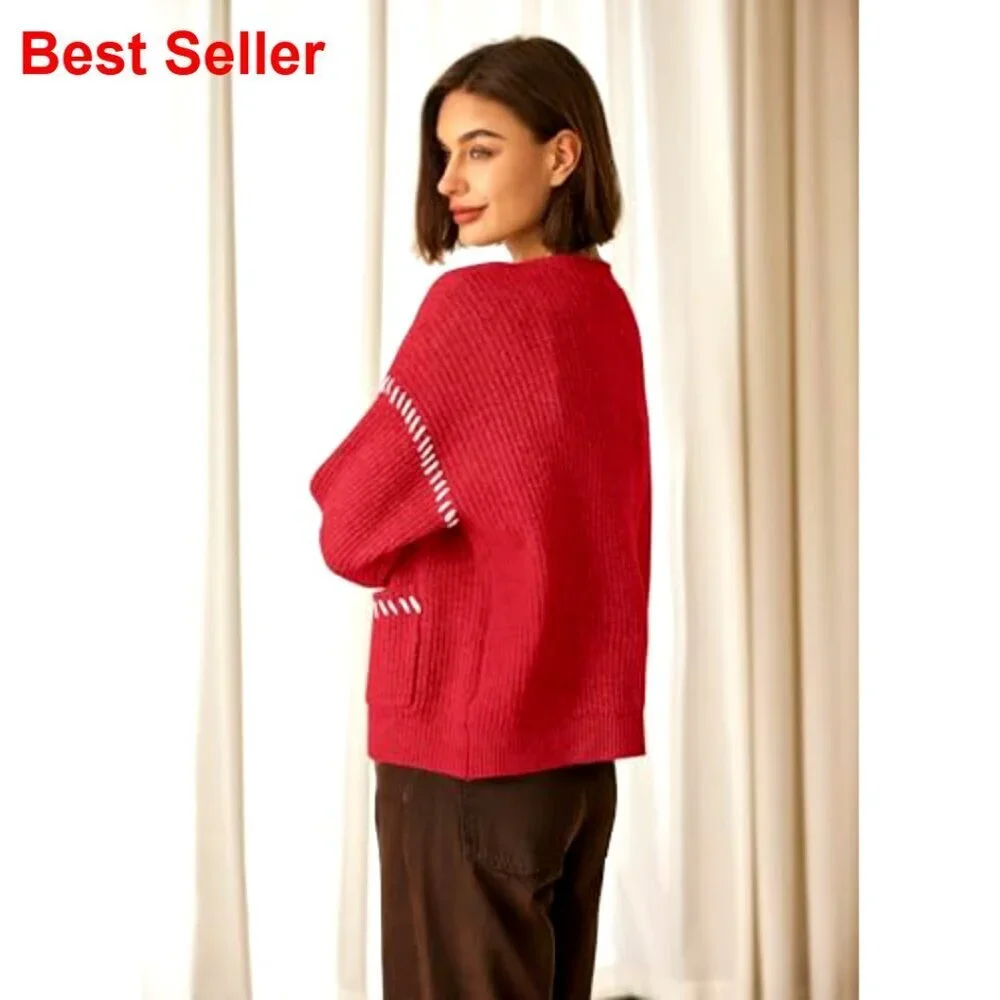 Oversized Cable Knit Cardigan Sweater, Chunky Open Front, Pockets